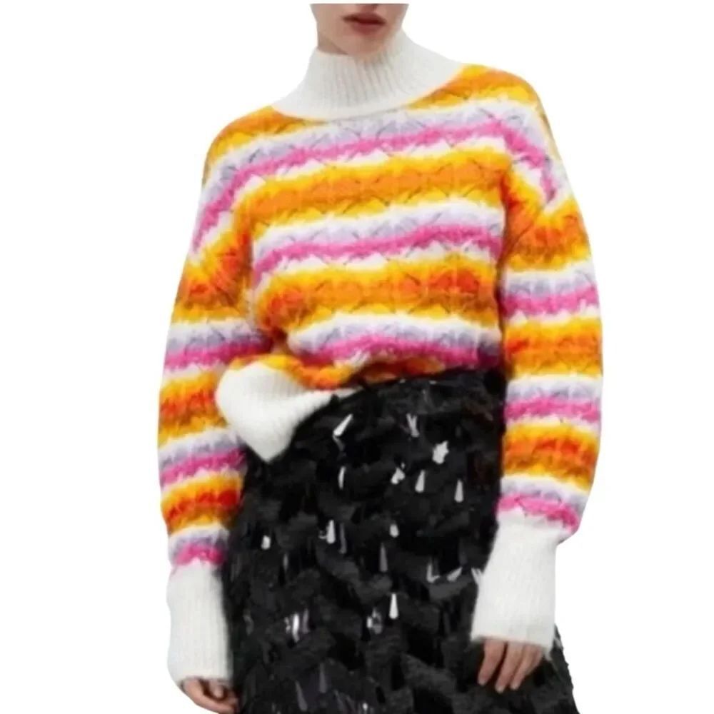 Zara chunky knit jacquard rainbow striped mock neck sweater Size Small